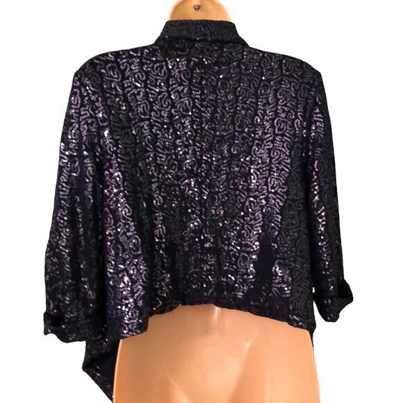 Ya LosAngeles Navy Blue Sequin Cropped Jacket Woman Size Medium Open Front - Picture 3 of 8
